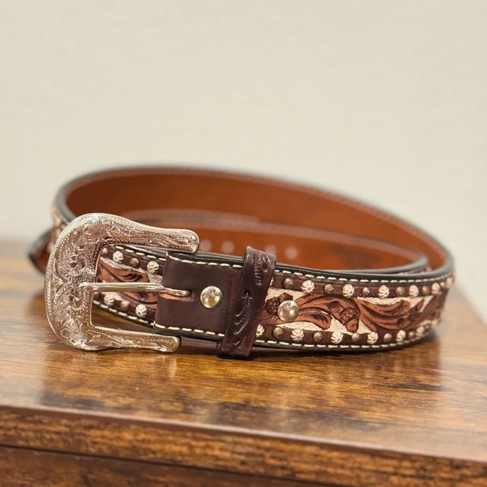 Twisted X Western Leather Belt Tooled Floral Studded Brown XL